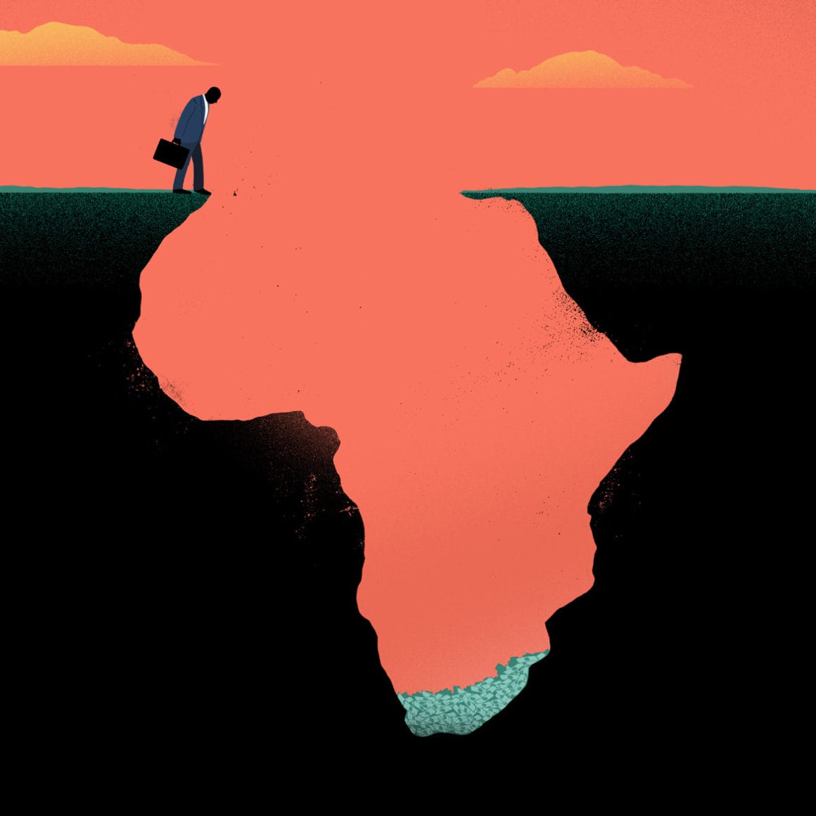 Illustration de Sébastien Thibault qui représente un homme en costume qui marche vers un trou au sol qui a la forme de l'Afrique et au fond duquel il y a des billets