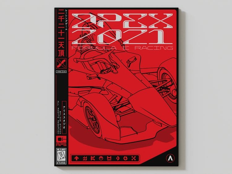 Graphisme d'une boîte de jeu rouge avec des contours noirs. On trouve des écritures comme le nom du jeu "APEX 2021 FORMULA E RACING" en blanc. Sur le boitier est dessiné une formule 1 avec juste des traits noirs. 