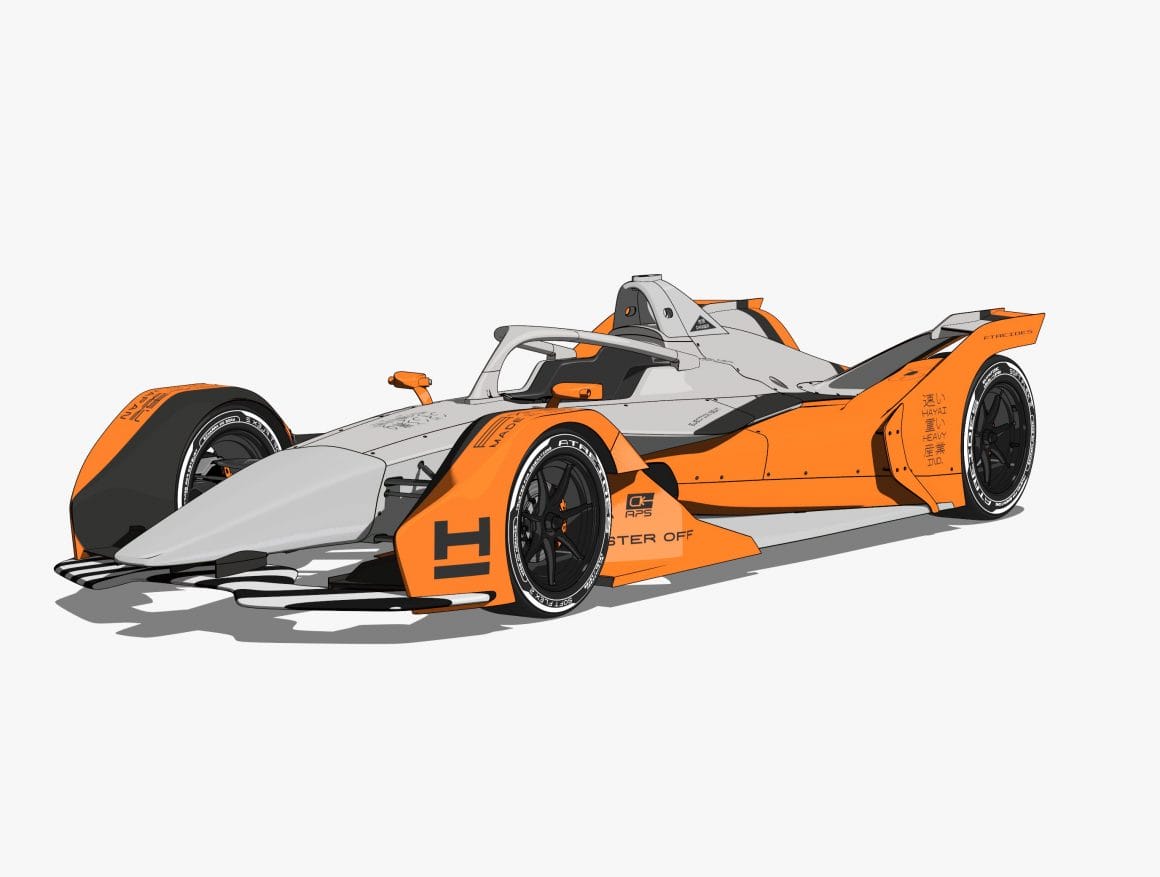 Graphisme d'une voiture de type Formule 1 de couleurs grise, orange et noir. Elle est de profil en biais. 