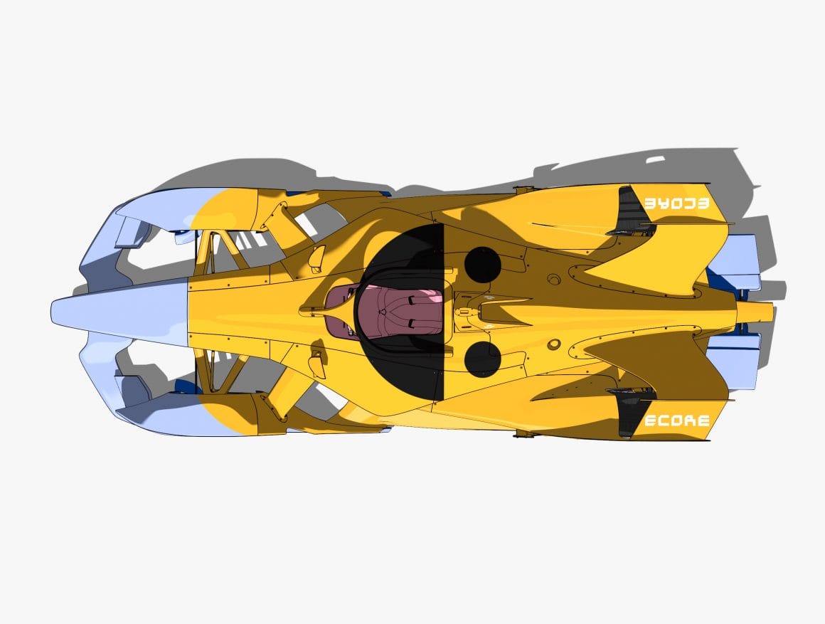 Graphisme d'une voiture type Formule 1 jaune clair, bleu clair et rose. Vu du dessus : on voit la voiture en long avec le siège conducteur. 