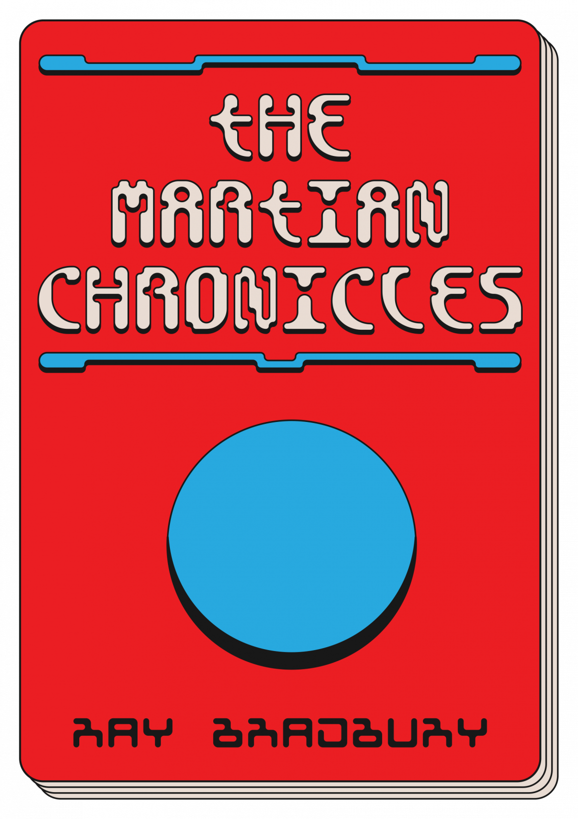 Graphisme d'un livre et sa couverture dans le même style que celui avec les caractères. La couverture est rouge vif. Il y a écrit dans la même police qu'au dessus "The martian chronicles" en beige orné d'un trait au-dessus et au-dessous bleu clair. Plus bas il y a un cercle monochrome bleu et un effet d'ombre noir. Puis en bas du livre le nom de l'auteur Ray Bradbury en noir.