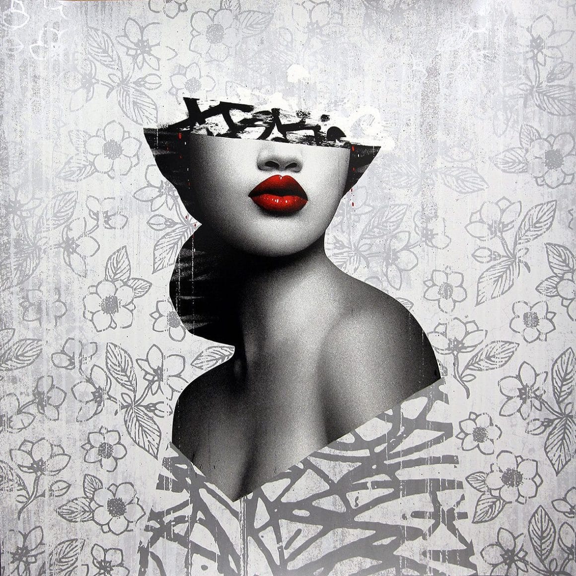 Ce portrait de femme est entièrement en noir et blanc, mis à part la bouche rouge, caractéristique des portraits de Hush. Même le foulard sur les yeux de cette femme est en noir et blanc, contrairement aux motifs habituels de l'artiste.