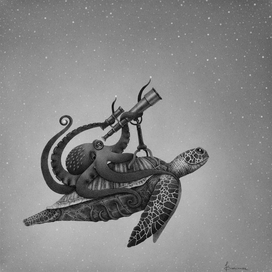 tortue de mer avec une pieuvre dessus qui tient un télescope et regarde les étoiles. Les animaux sont dans le ciel