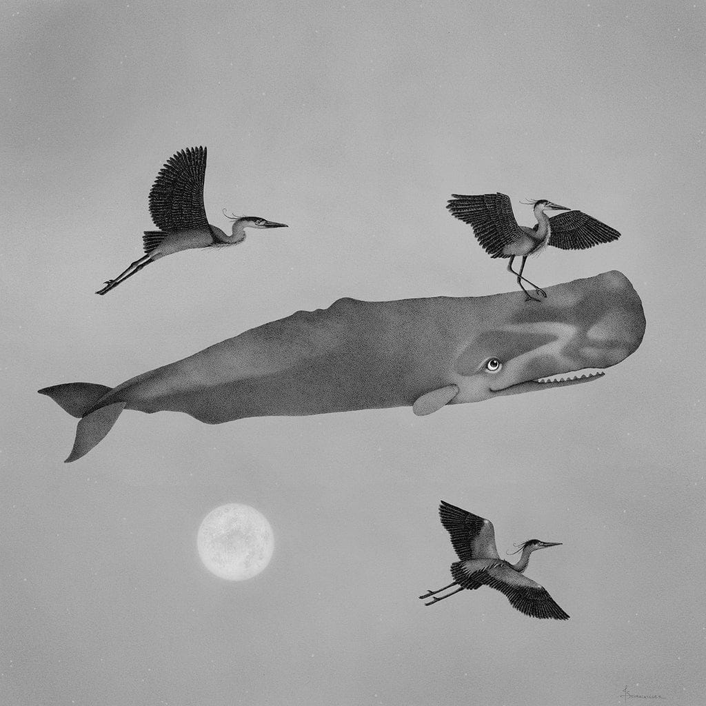 baleine volant devant la lune, hérons dansant sur elle