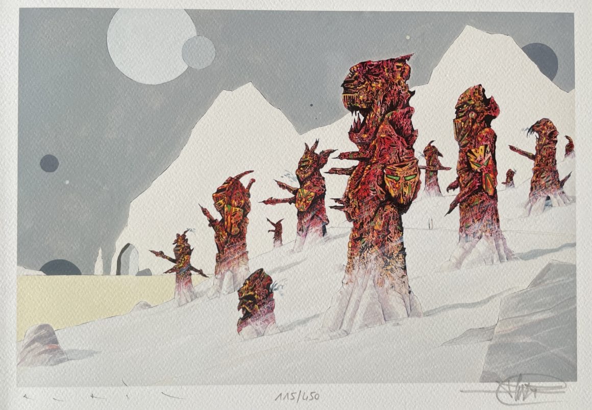 Illustration dans laquelle des créatures fantastiques marchent dans la neige