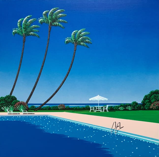 Œuvre d'Hiroshi Nagai où l'on voit une piscine au bord de la mer. Des palmiers et des buissons sont présents.