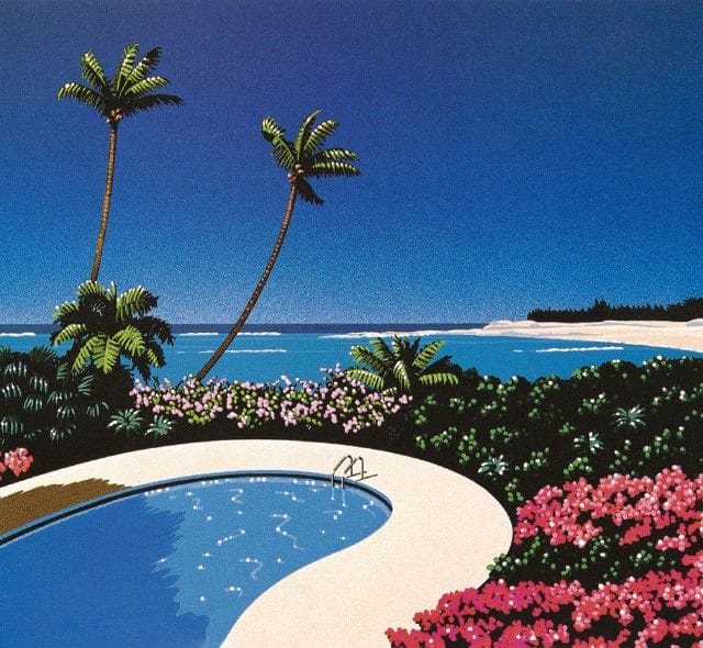 Œuvre d'Hiroshi Nagai où l'on voit une piscine au bord de la mer. Des palmiers et des fleurs sont présents.