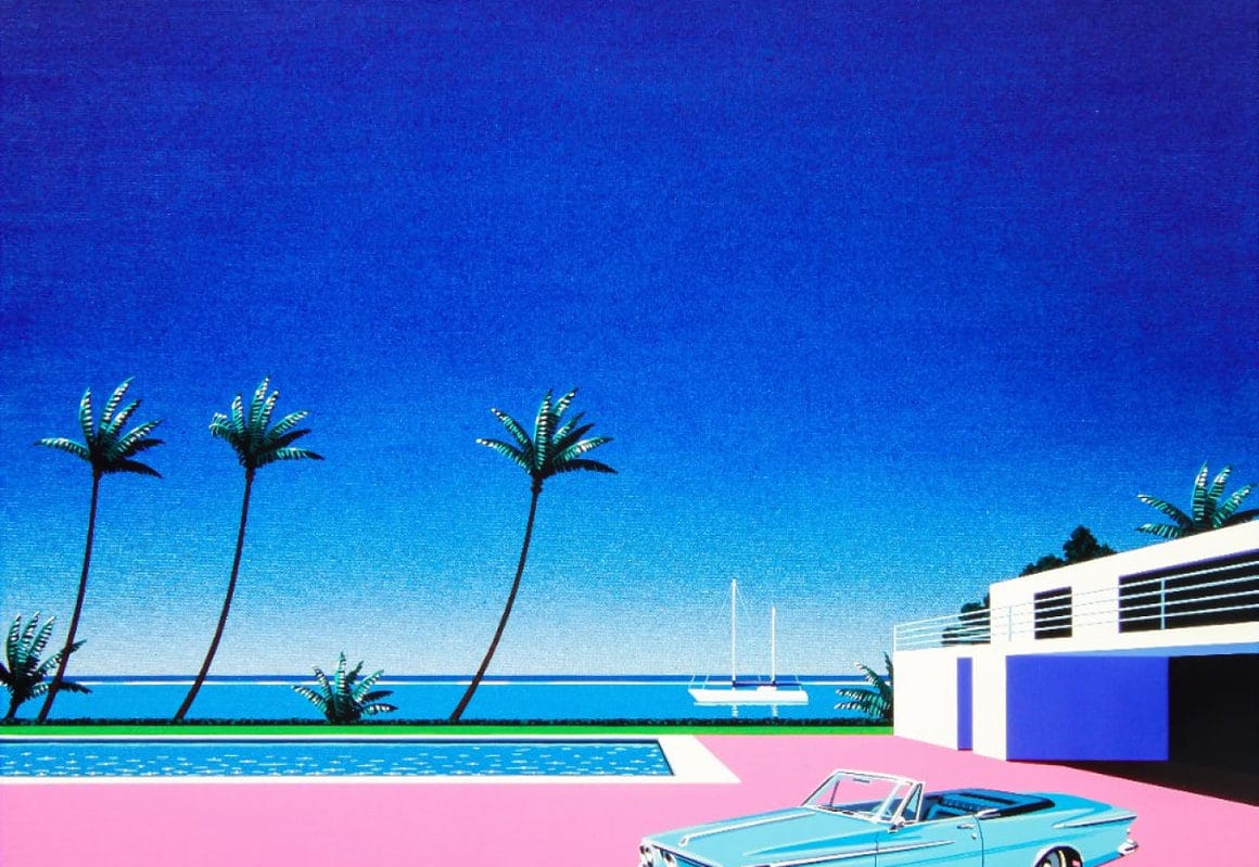 Œuvre d'Hiroshi Nagai où l'on voit un cabriolet garé au bord d'une piscine. Des palmiers et des buissons sont présents.