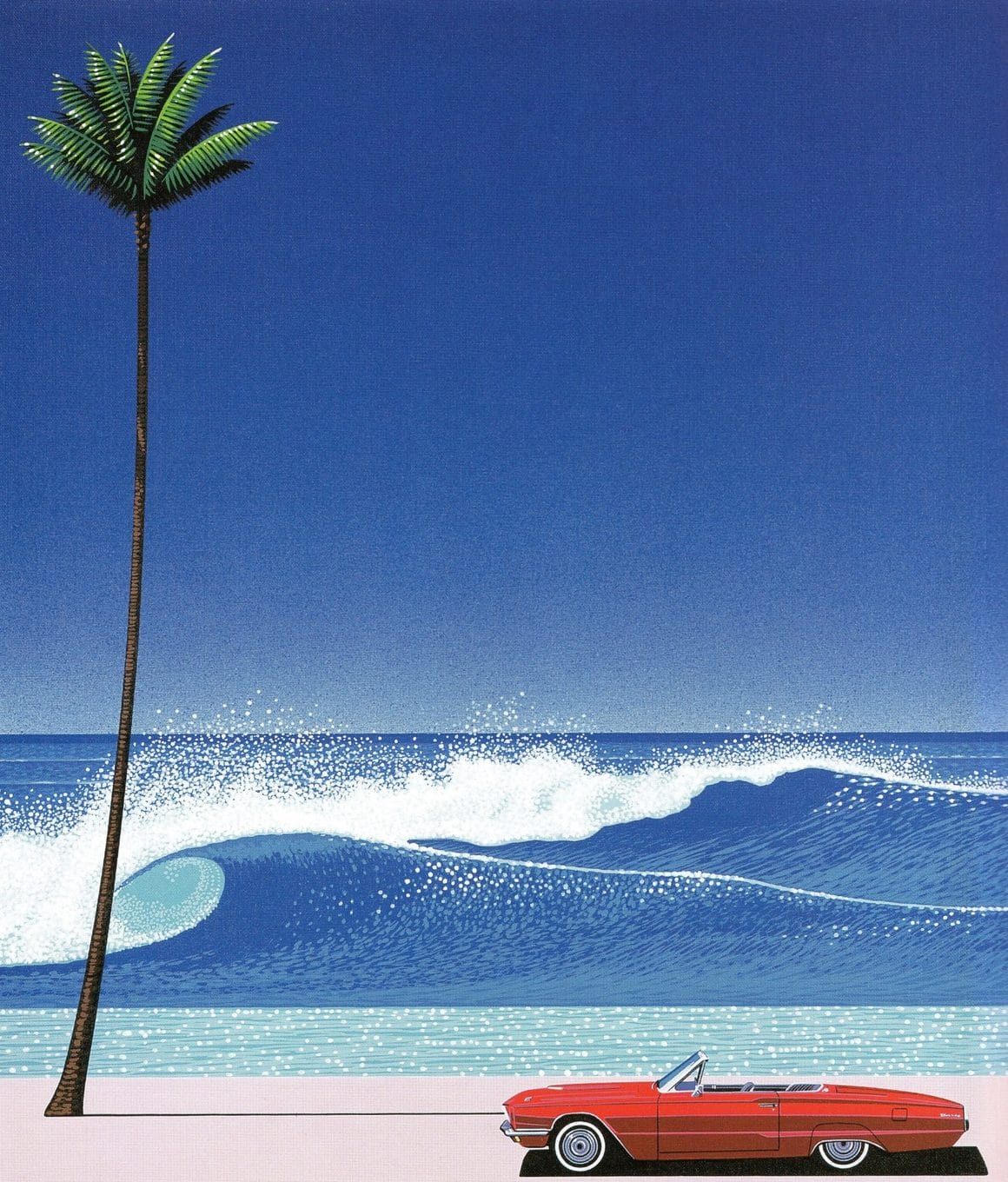 Œuvre d'Hiroshi Nagai où l'on voit un cabriolet rouge garé sur un parking au bord de la mer agité qui forme une grande vague. Un palmier est présent.