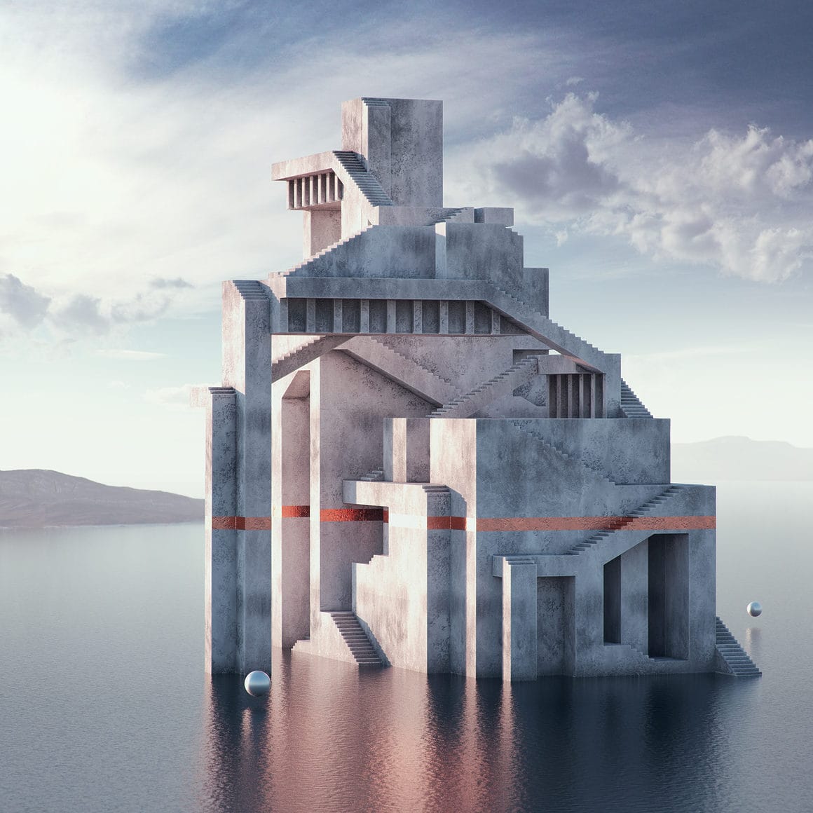 Œuvre 3D de Filip Hodas où on voit un bâtiment architectural abstrait avec plein d'escaliers au milieu d'un lac