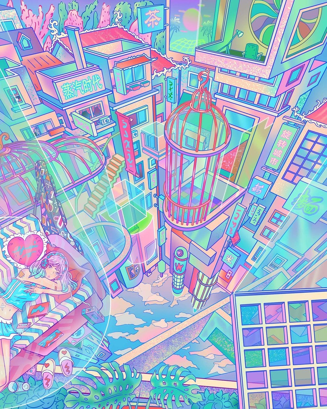 L'univers de l'artiste, très coloré, peut rappeler les bâtiment moderne de Tokyo