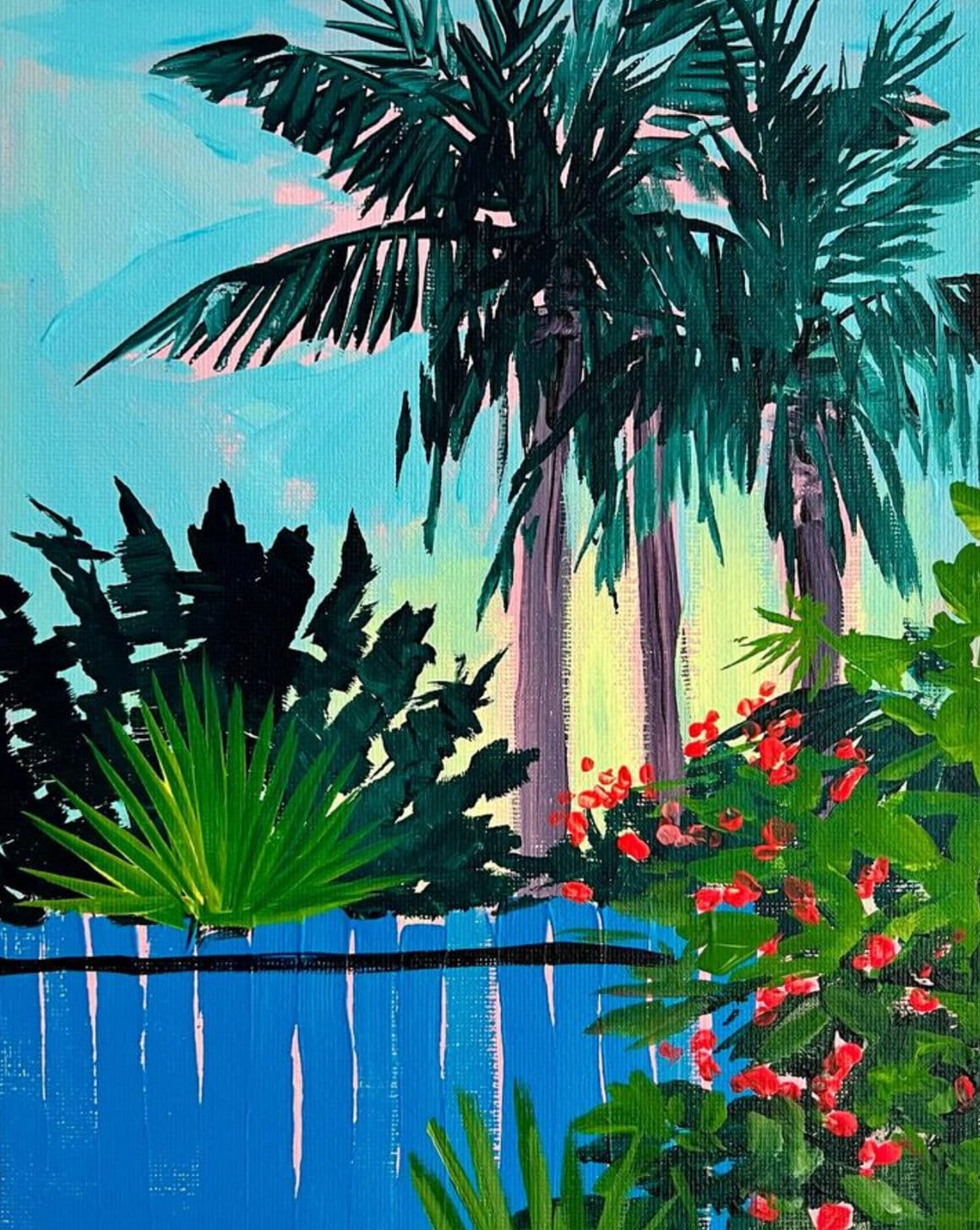 Peinture à l'acrylique de palmiers derrières une barrière en bois bleu par Vanessa Van Meerhaeghe