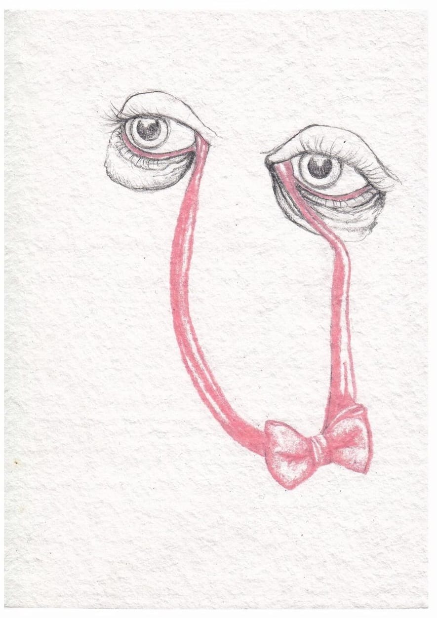 Dessin au crayon à papier de deux yeux reliés par un nœud rose par Cameron Kester