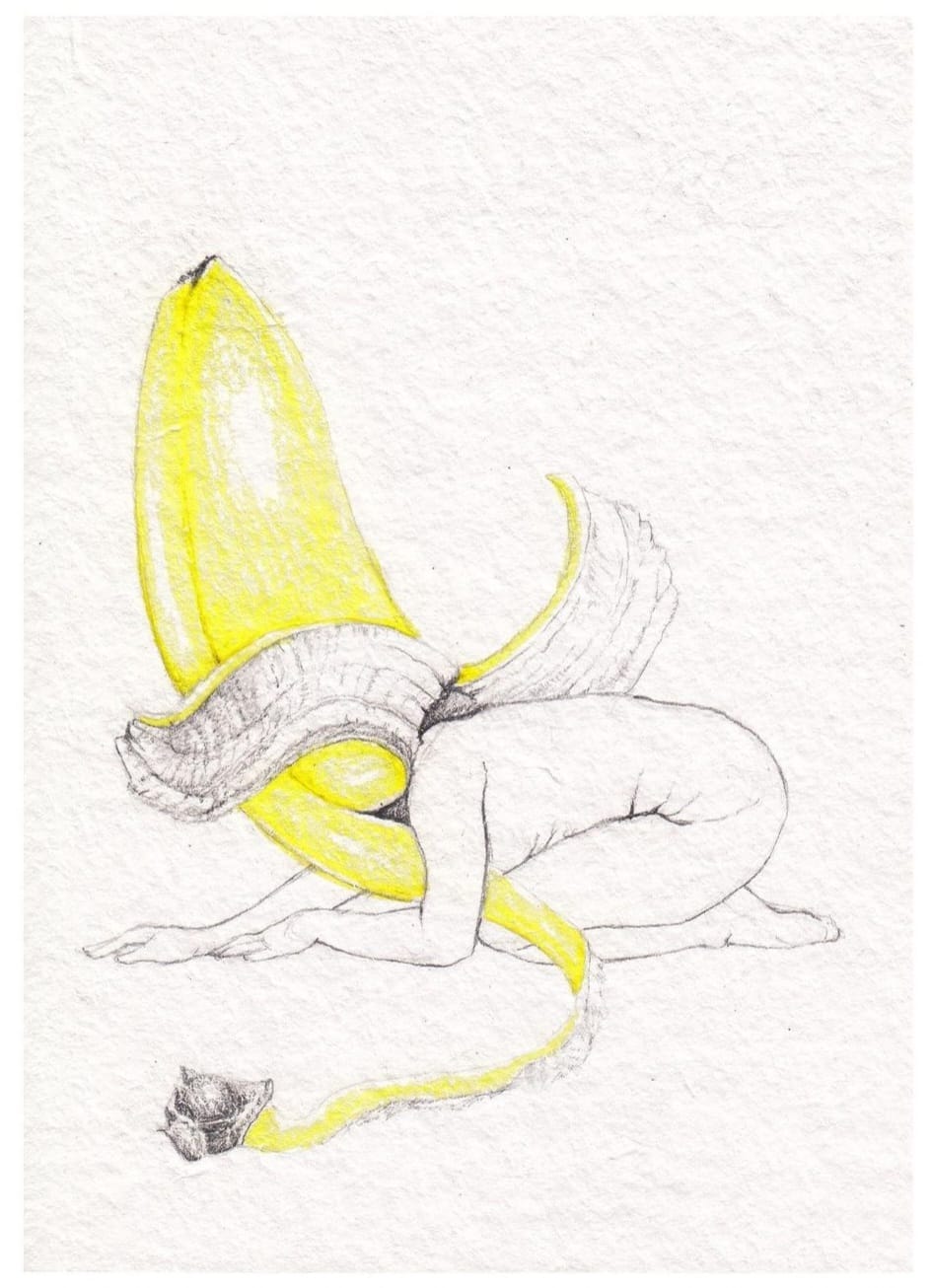 Dessin au crayon à papier d'une femme recroquevillée avec la tête dans une épluchure de banane par Cameron Kester 