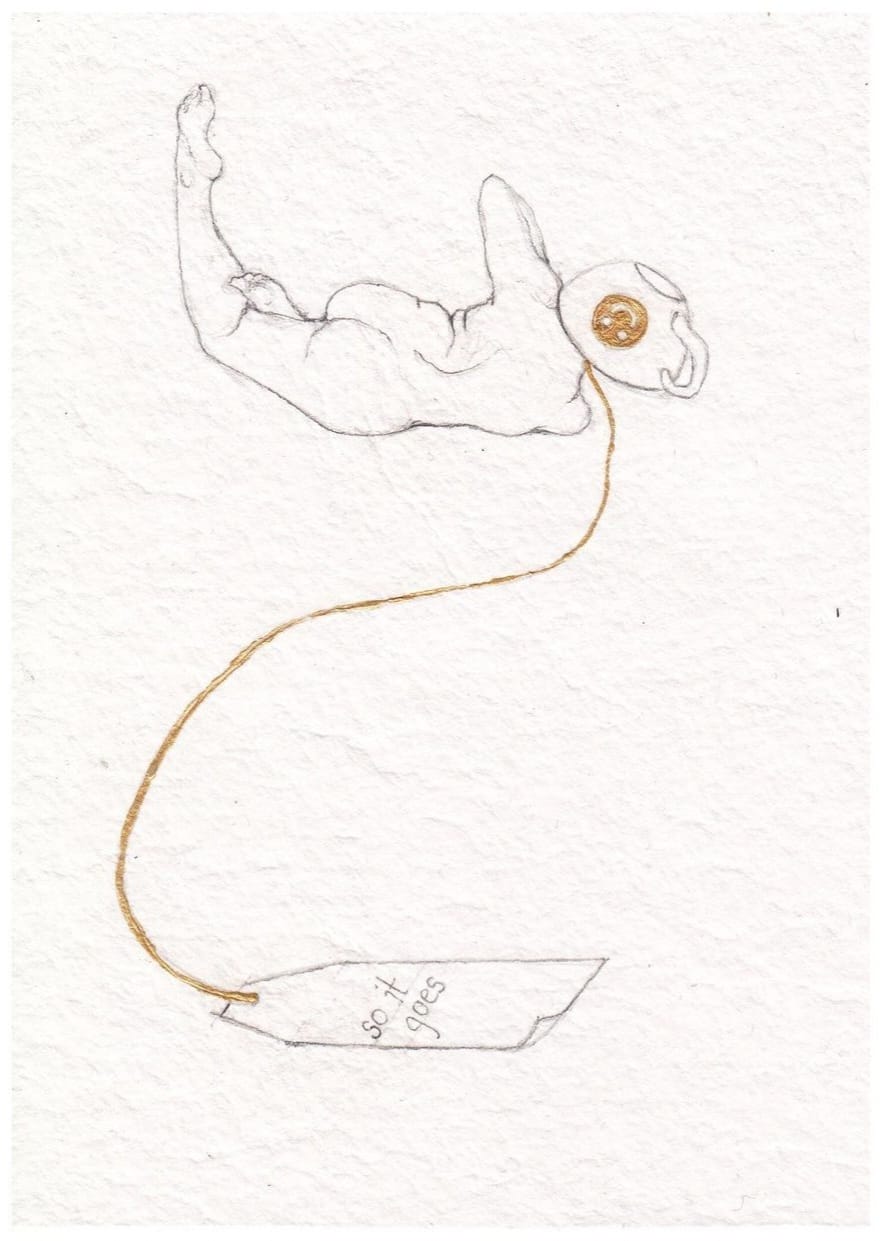 Dessin au crayon à papier et à l'acrylique d'une femme de dos avec une tasse de thé sur la tête par Cameron Kester 