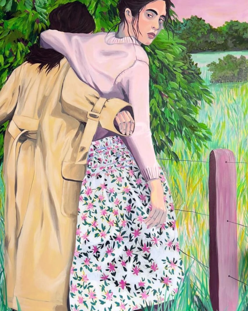 Peinture à l'acrylique de deux femmes dans une prairie par Vanessa Van Meerhaeghe