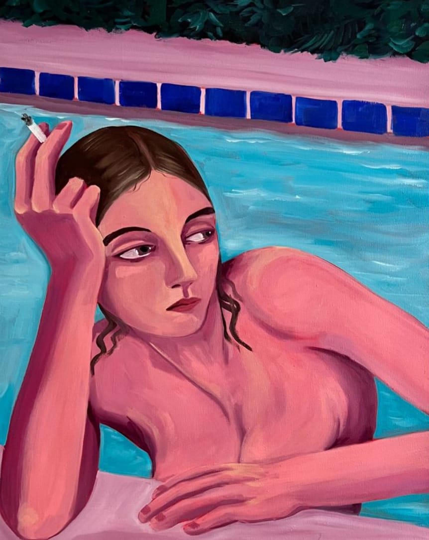 Peinture à l'huile d'une femme qui fume dans une piscine par Vanessa Van Meerhaeghe