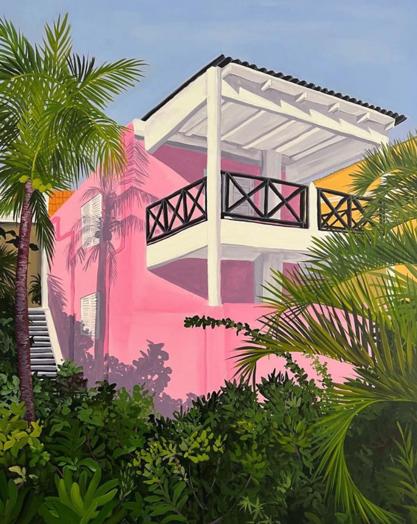 Peinture à l'acrylique d'une maison rose dans une région tropicale par Vanessa Van Meerhaeghe