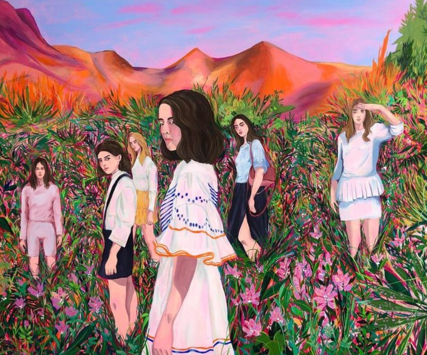 Peinture à l'acrylique d'un groupe de femme dans un champ de fleurs par Vanessa Van Meerhaeghe