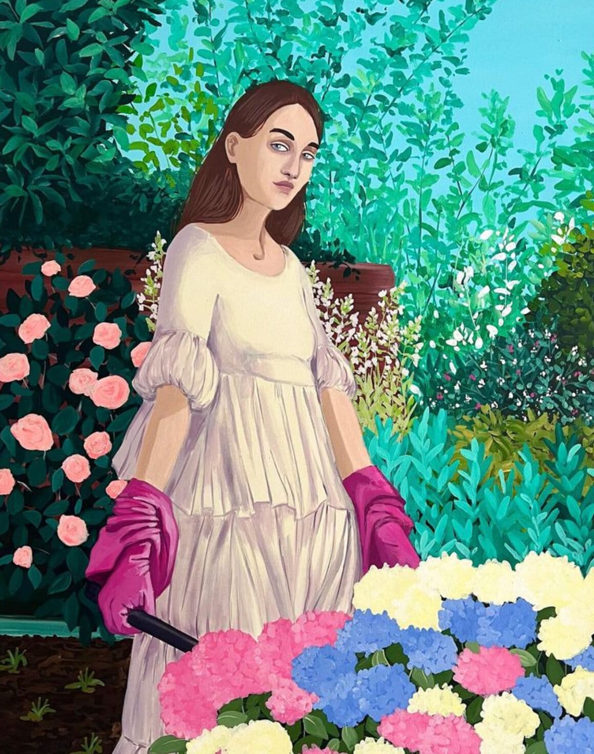 Peinture à l'acrylique d'une fleuriste dans une serre par Vanessa Van Meerhaeghe