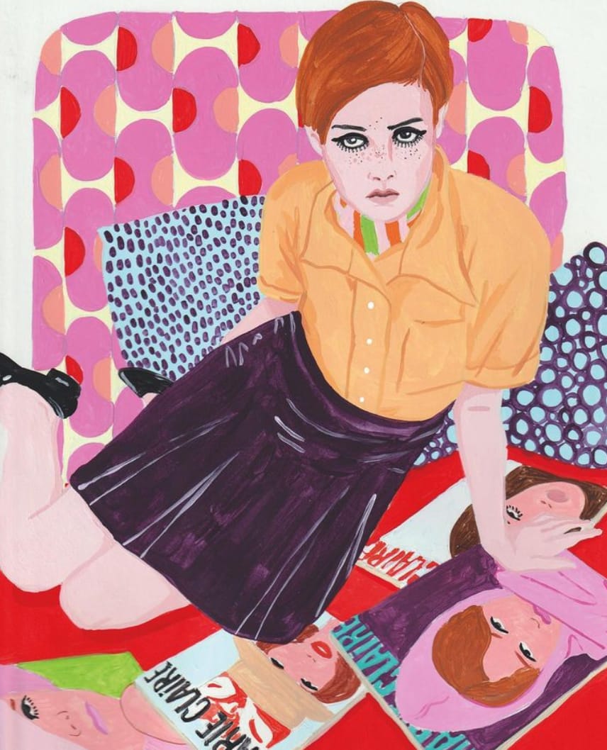 Illustration d'une femme assise sur son lit avec des magazines pour Marie Claire par Vanessa Van Meerhaeghe