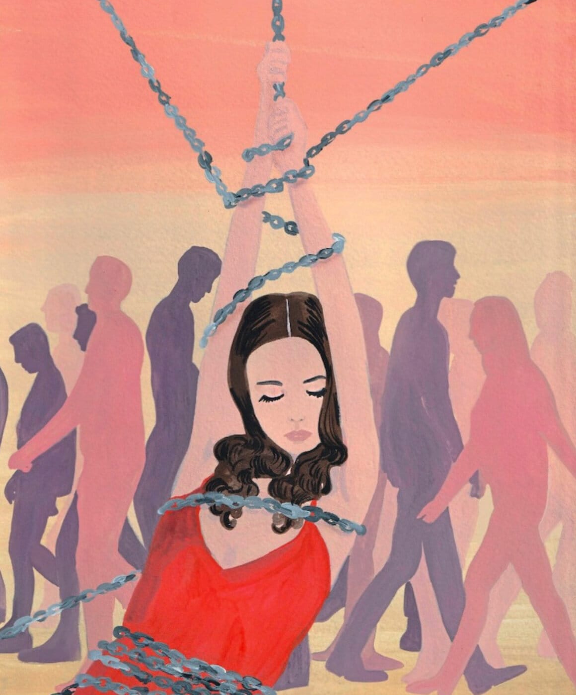 Illustration d'une femme attachée par des chaines dans une foule pour Marie Claire par Vanessa Van Meerhaeghe
