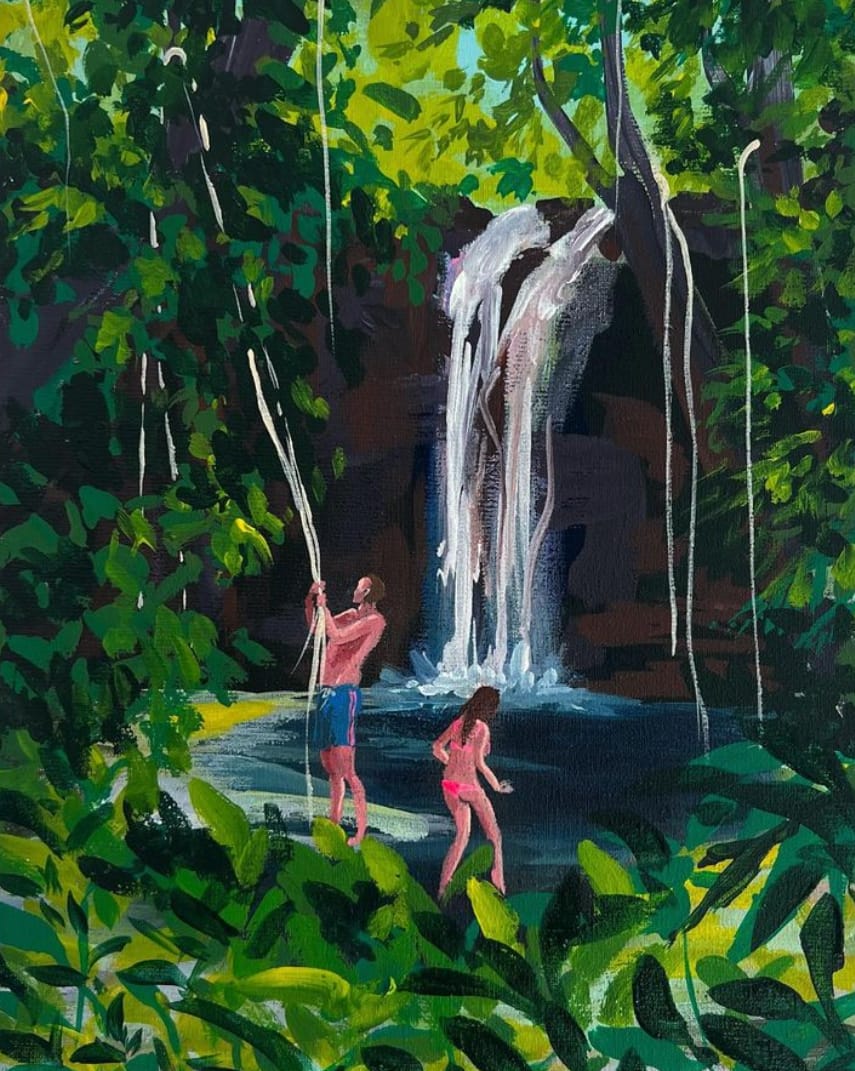 Peinture à l'acrylique d'un couple dans une crique tropicale par Vanessa Van Meerhaeghe