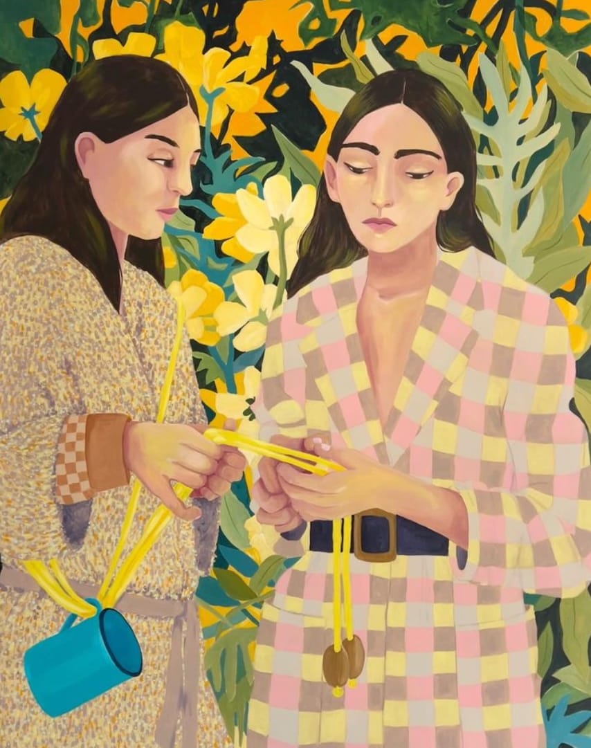 Peinture à l'acrylique de deux femmes entourées de fleurs jaune par Vanessa Van Meerhaeghe