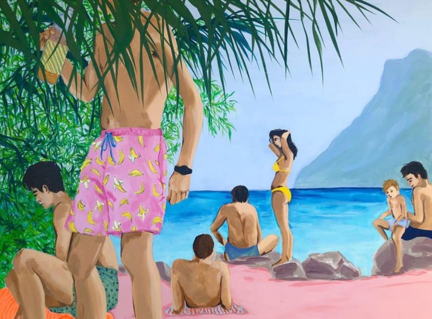 Peinture à l'acrylique d'un groupe d'amis sur une plage de sable rose par Vanessa Van Meerhaeghe