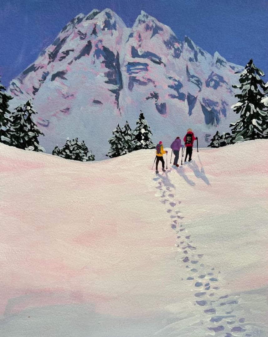 Peinture à l'huile d'ungroupe de personnes en randonnée à la montagne par Vanessa Van Meerhaeghe