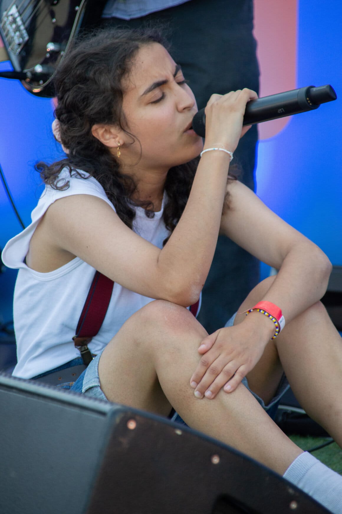 La photographie est une prise de vue portrait de l'artiste en concert. 